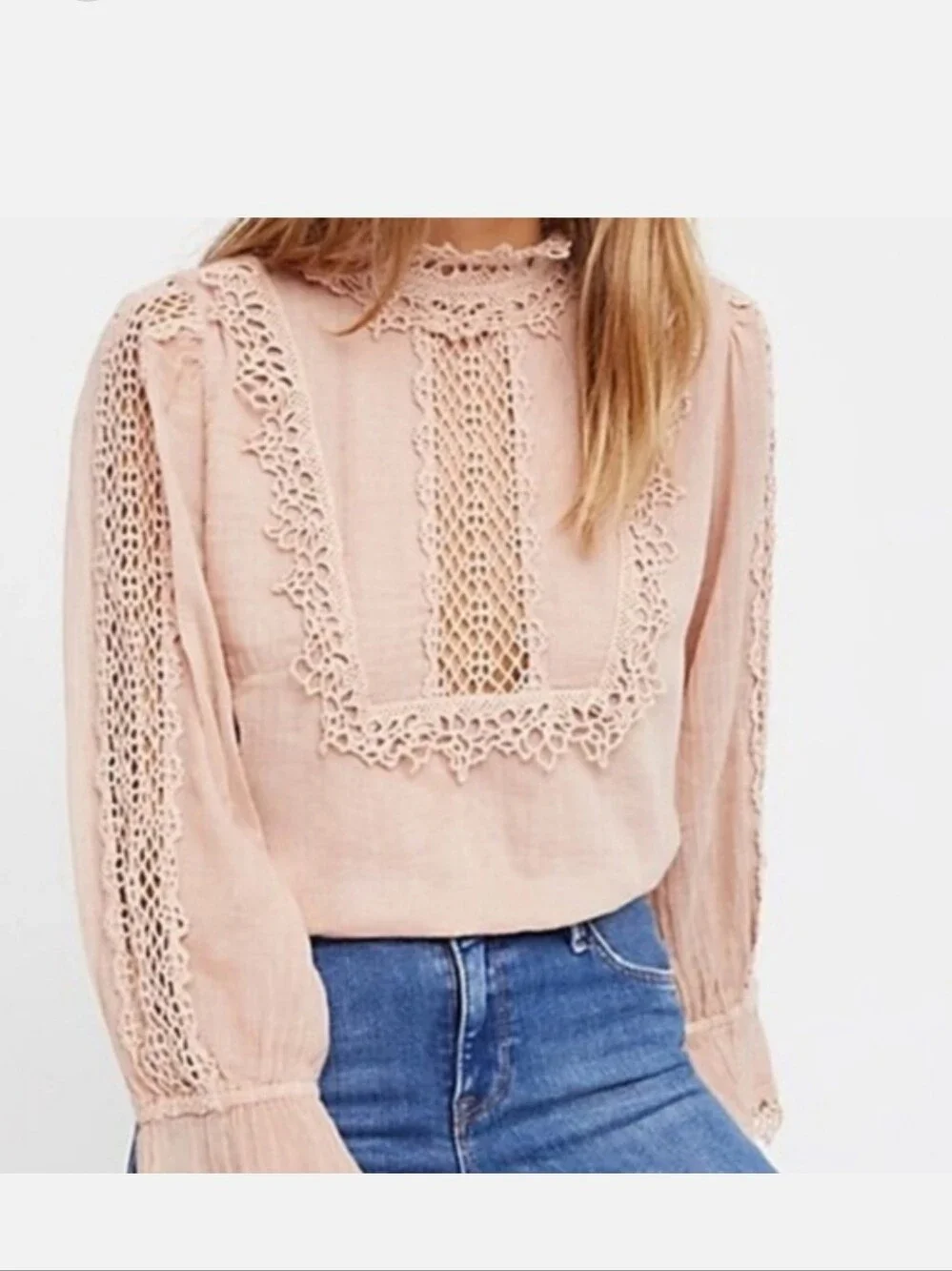 Free People FP One Victoria Top Blush Crochet-Trim Long Sleeve Top